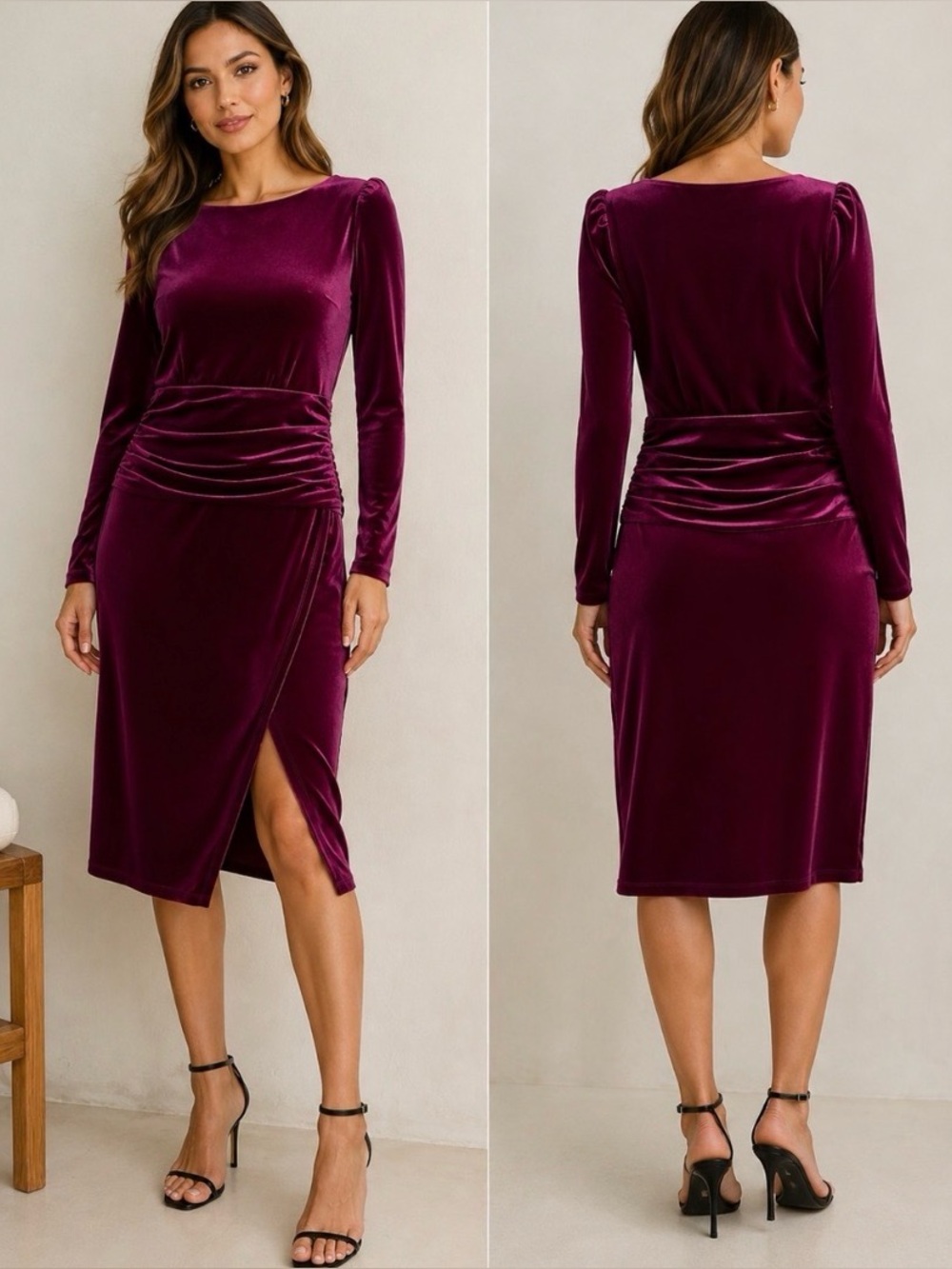 Lauren Ralph Lauren Velvet Puff Sleeve Dress Sz 8 Purple Ruched Faux Wrap Skirt - Picture 12 of 12